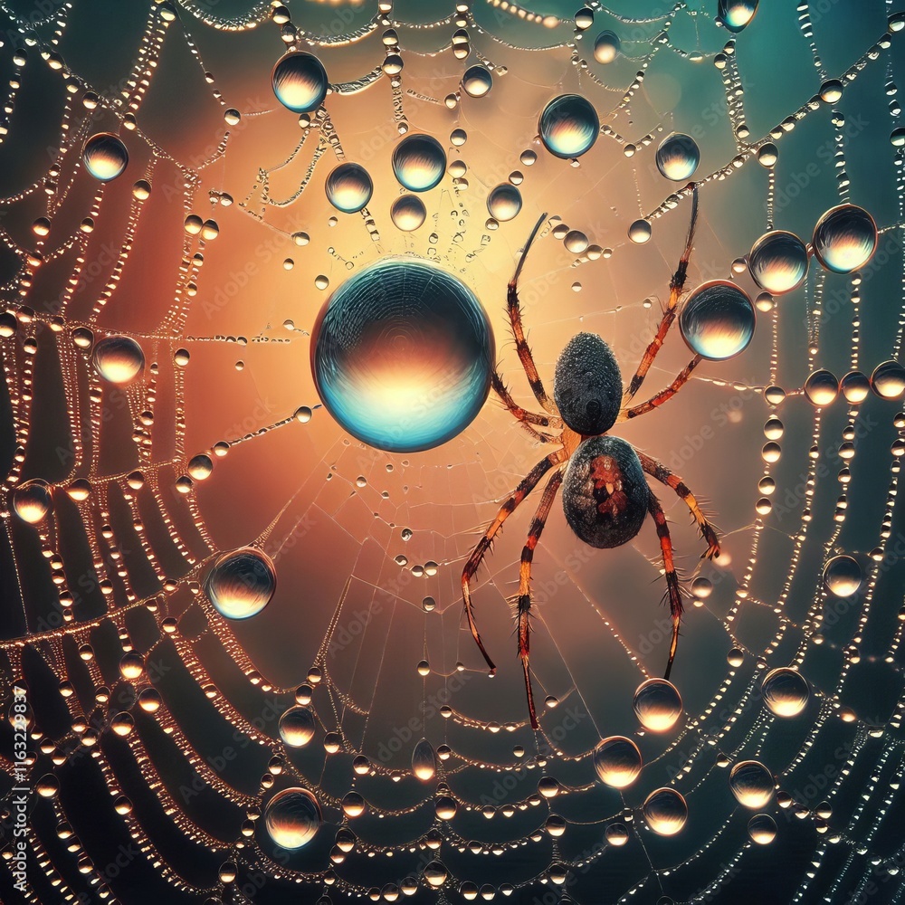 Wall mural spider web dew drop detail present the view of a dew drop on a s