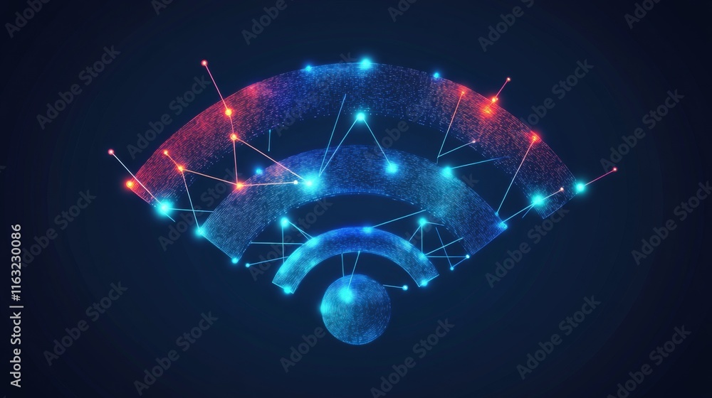 Poster an artistic representation of the concept of wireless communication, featuring interconnected nodes 