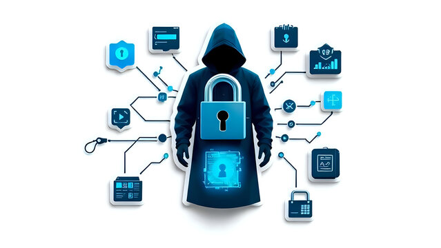 3D concept poster that visually represents the themes of data security and hacking. Incorporate elements that symbolize data theft and cyber fraud