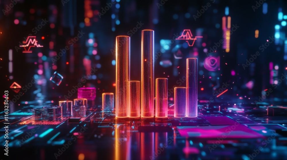 Poster a d bar graph representing financial data growth, set against a dark background with a digital inter