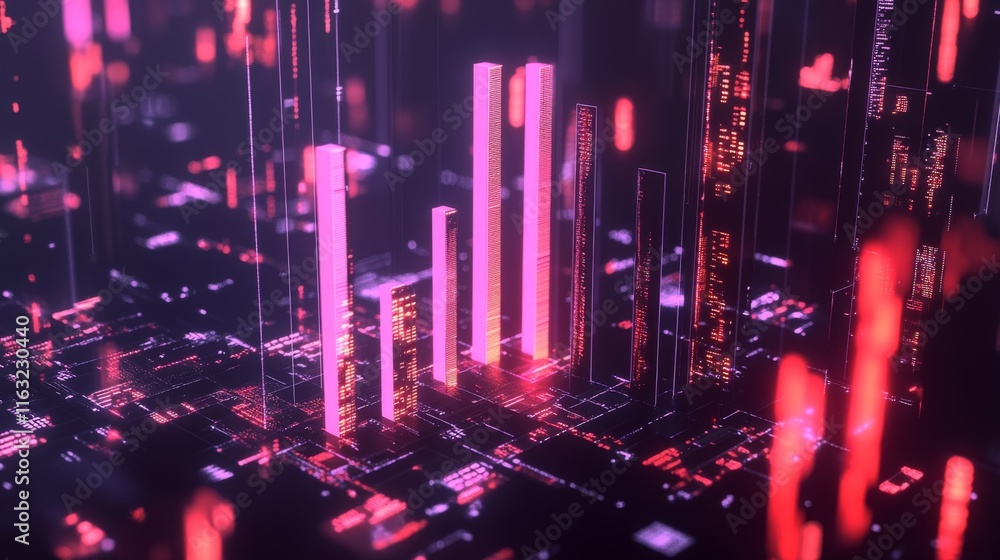 Poster a d bar graph representing financial data growth, set against a dark background with a digital inter