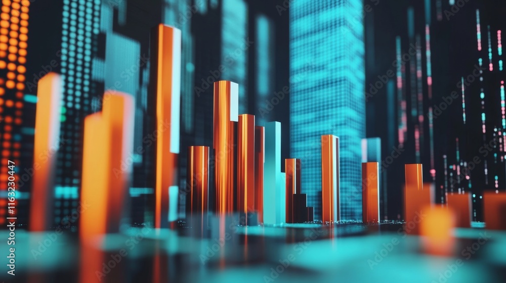 Fototapete A D bar graph with bright, metallic bars showing financial data in a minimalist setting, with a modern, sleek digital interface in the background.