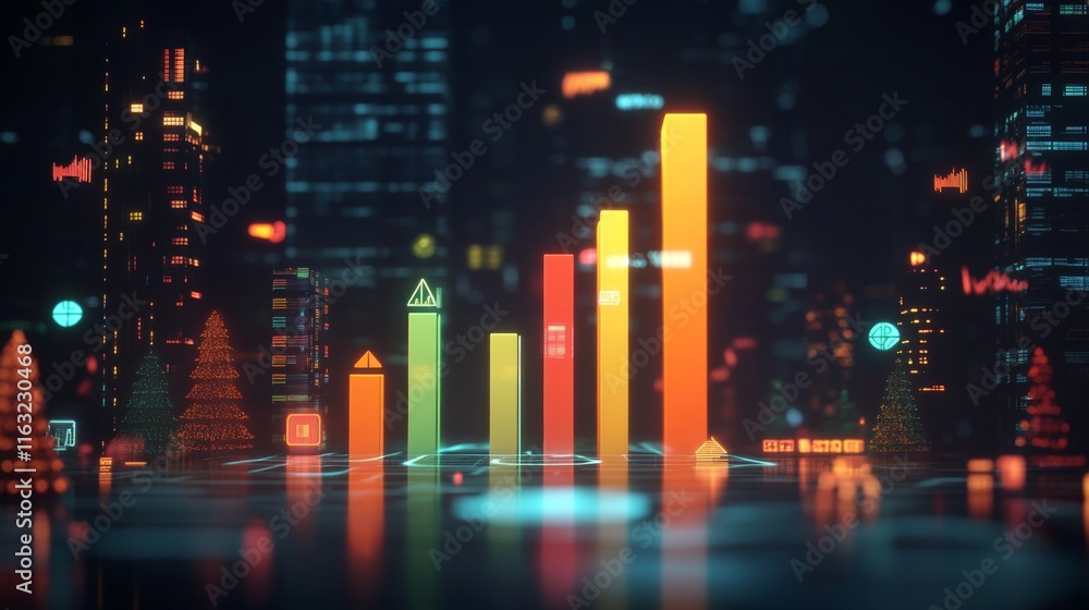 Poster a d bar graph representing financial data growth, set against a dark background with a digital inter
