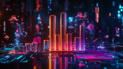 A D bar graph representing financial data growth, set against a dark background with a digital interface and various financial symbols around it.