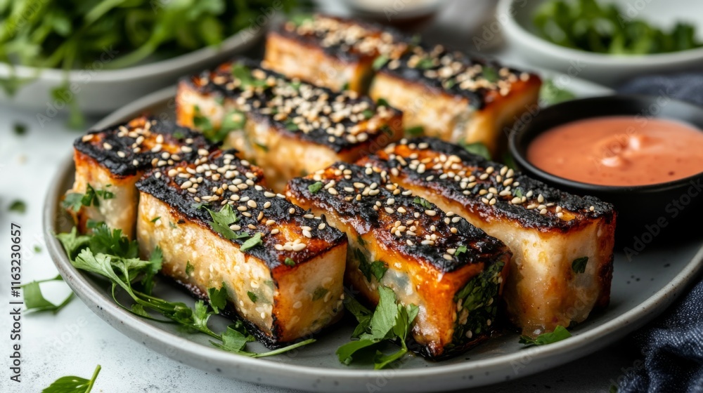 Poster a beautifully garnished plate of baked spring rolls with sesame seeds on top, served with a side of 