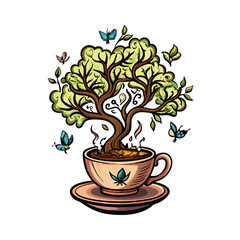 A whimsical illustration of a small tree sprouting from a teacup resting on a wooden table, bathed in soft light.  (b)(1) suggests a numbered sequence.