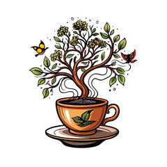 A whimsical illustration of a small tree flourishing from a teacup, perched on a rustic wooden table, bathed in soft light.