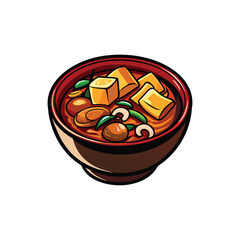 Create a vibrant vector illustration of a steaming bowl of hot and sour soup, showcasing its ingredients vividly.  Include mushrooms, tofu, and chilies.