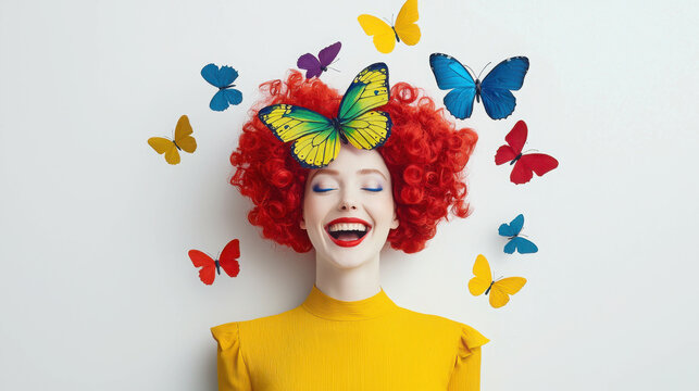 Whimsical Portrait of a Laughing Woman with Colorful Butterflies in Her Hair