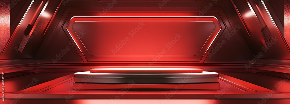 Sticker a futuristic metallic podium with sharp edges and an empty space, set against a rich red background.