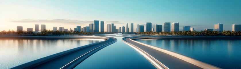 Fototapeta premium Modern skyline view with a scenic waterway at sunrise.