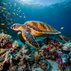 Fototapeta premium Underwater Calm: A Loggerhead Turtle's Peaceful Haven
