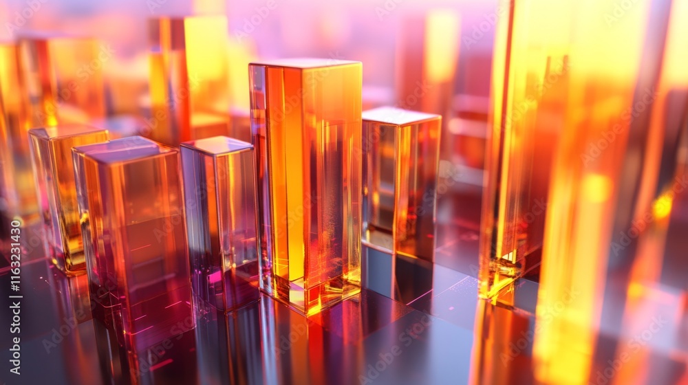 Poster a close-up of a high-tech d bar chart, featuring glossy bars in different heights and glowing accent