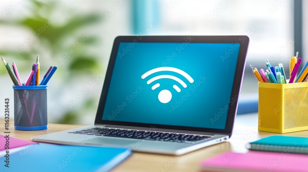 Poster A close-up of a laptop screen displaying a Wi-Fi connection icon, surrounded by notebooks and stationery, creating a modern workspace atmosphere.