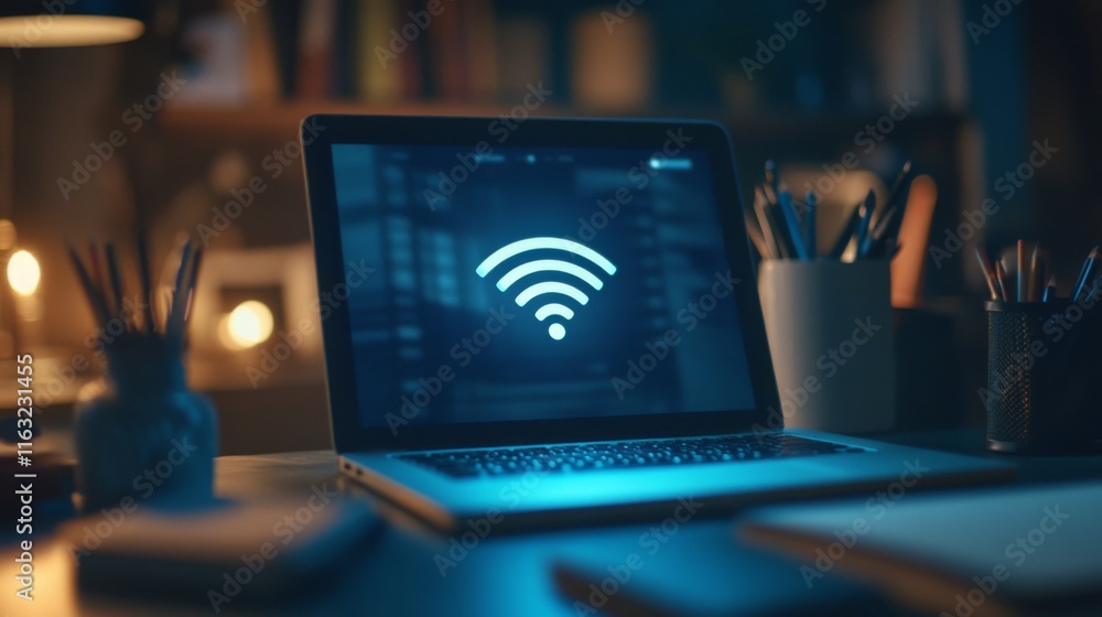 Aufkleber a close-up of a laptop screen displaying a wi-fi connection icon, surrounded by notebooks and statio