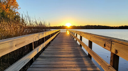 Obraz premium Serene Wooden Boardwalk Stretching Over Calm Lake at Sunset