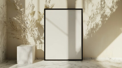 A sophisticated mockup with a black-frame poster, complemented by textured beige walls, marble floors, and artistic plant shadows enhancing the minimalistic elegance.