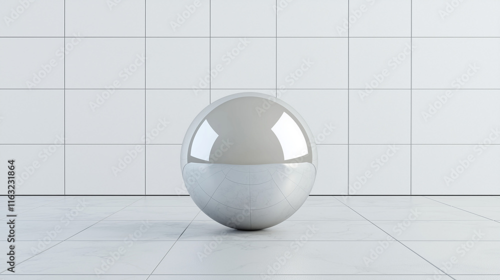 Poster reflective sphere on tiled floor: a perfectly smooth, chrome sphere casts a subtle reflection on a w