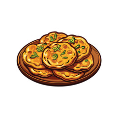 Create a vibrant vector illustration of a delicious plate of scallion pancakes, showcasing their texture and golden-brown color.  Include detail in the scallions and the layered pancake structure.