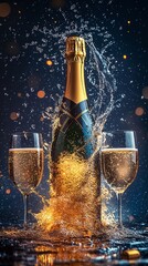 A bottle of champagne with eruption of wine from the through as a sea wave