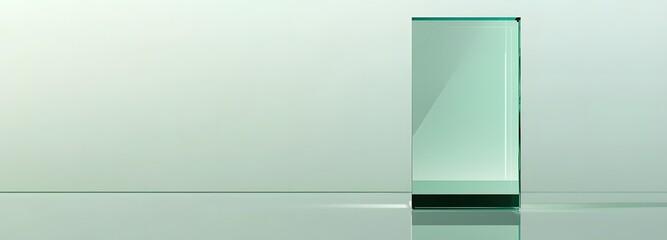 A tall glass podium with a reflective surface and an empty space for display, set against a light green gradient backdrop.