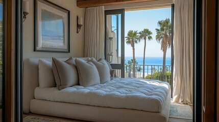 comfy couch bed of a Luxury San Diego La Jolla home with views of palm trees