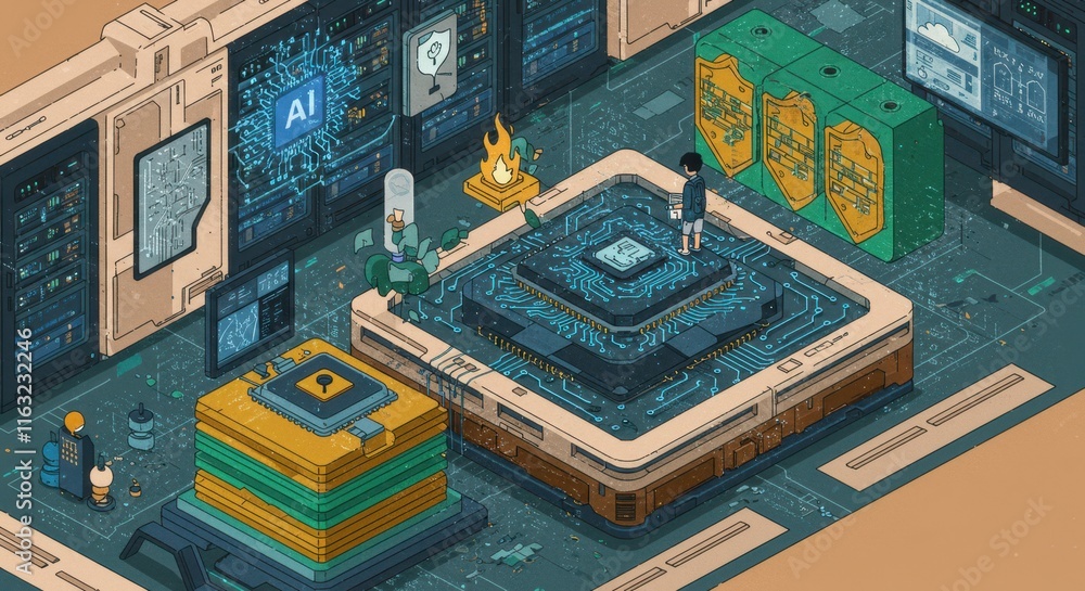 Poster futuristic data center: exploring ai and cybersecurity in a digital world