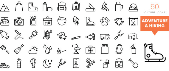 Set of minimalist linear adventure and hiking icons. Vector illustration