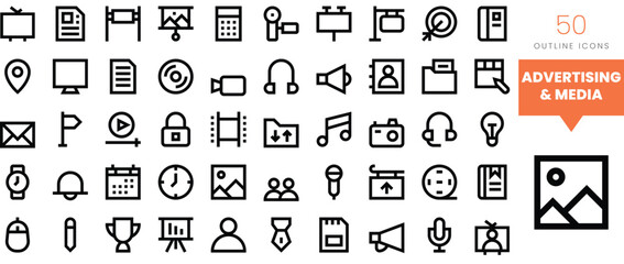 Set of minimalist linear advertising and media icons. Vector illustration