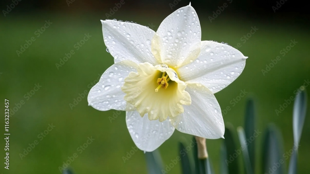 Poster a delicate image of a white daffodil with dew drops on its petals, set against a blurred natural bac