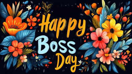Colorful floral design expresses Happy Boss Day. Vibrant flowers and leaves surround message. Art style suggests celebration and appreciation. Perfect for greeting cards or social media.