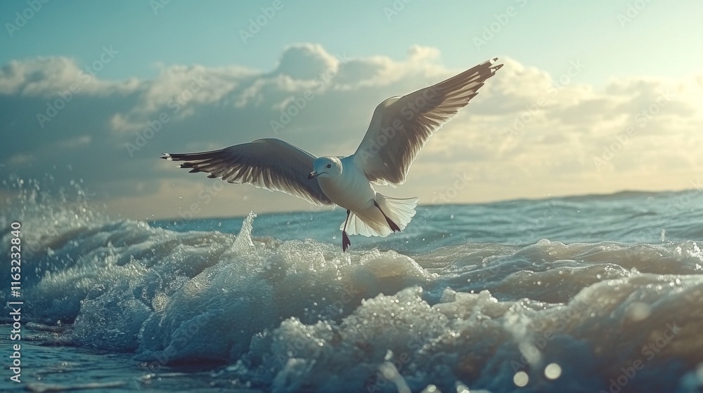 Poster a dynamic shot of a seagull gliding effortlessly over ocean waves, with the wind ruffling its feathe