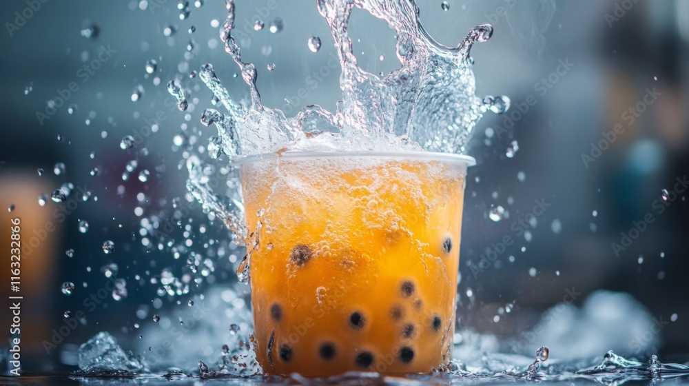 Poster A dynamic shot of bubble tea being poured into a clear cup, with bubbles and ice swirling, creating a sense of freshness and excitement.