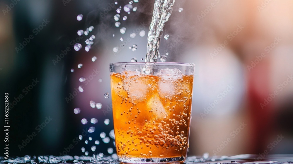 Poster a dynamic shot of bubble tea being poured into a clear cup, with bubbles and ice swirling, creating 
