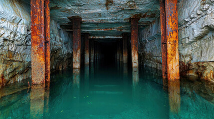 Fototapeta premium Abandoned Flooded Mine with Rusty Support Beams Surrounded by Stalactite Walls