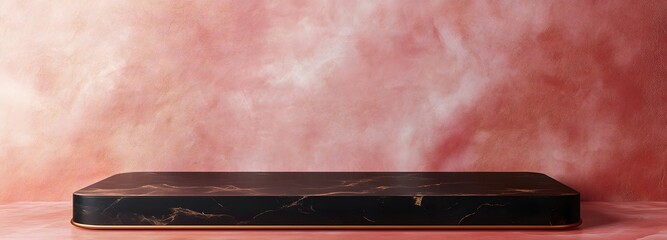 A high-end black podium with gold edges and an empty display space, set against a soft rose gold background.