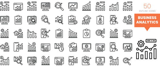 Set of minimalist linear business analytics icons. Vector illustration
