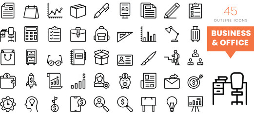 Set of minimalist linear business and office icons. Vector illustration