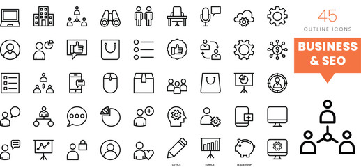 Set of minimalist linear business and seo icons. Vector illustration