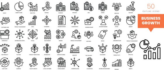 Set of minimalist linear business growth icons. Vector illustration