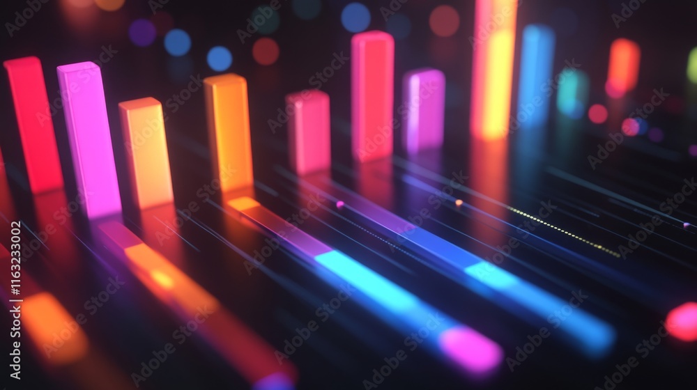 Leinwandbilder A financial dashboard displaying a D bar graph with colorful rising bars, set against a dark background with subtle lighting effects.