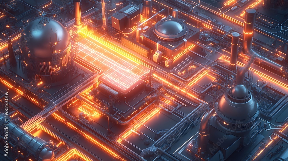 Poster abstract industrial complex with glowing orange pipelines and metallic structures.