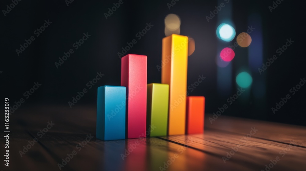 Poster a financial dashboard displaying a d bar graph with colorful rising bars, set against a dark backgro