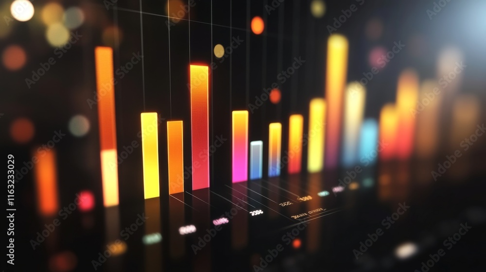 Poster a financial dashboard displaying a d bar graph with colorful rising bars, set against a dark backgro