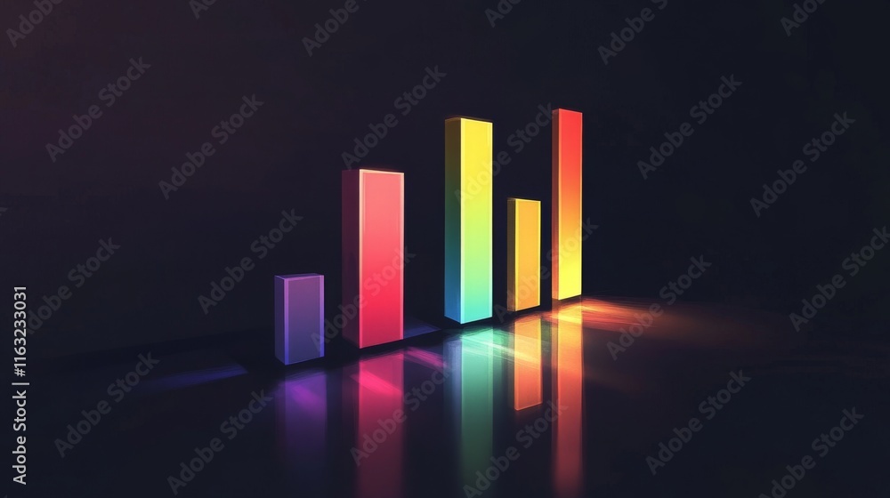 Poster a financial dashboard displaying a d bar graph with colorful rising bars, set against a dark backgro