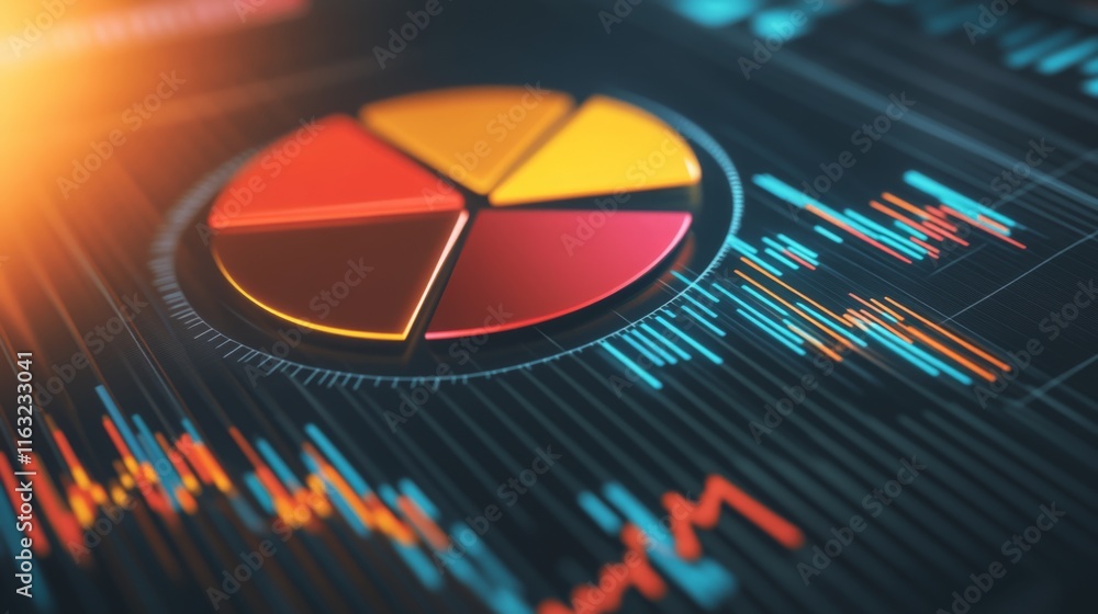 Poster A financial pie chart and line graph in vibrant colors, depicting key business data and market insights on a sleek, modern screen.