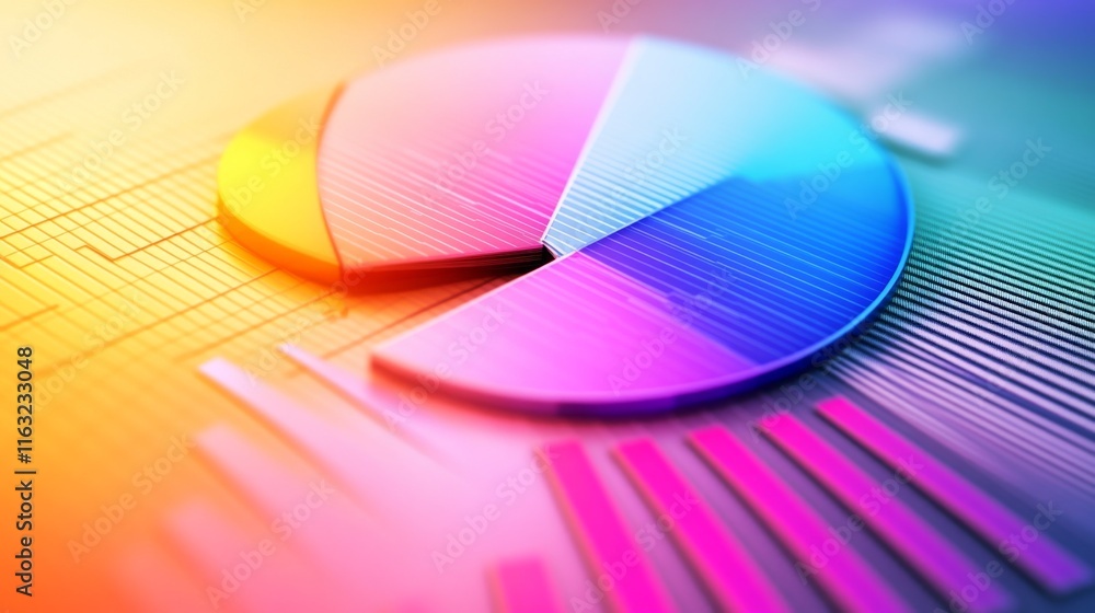 Poster a financial pie chart and line graph in vibrant colors, depicting key business data and market insig