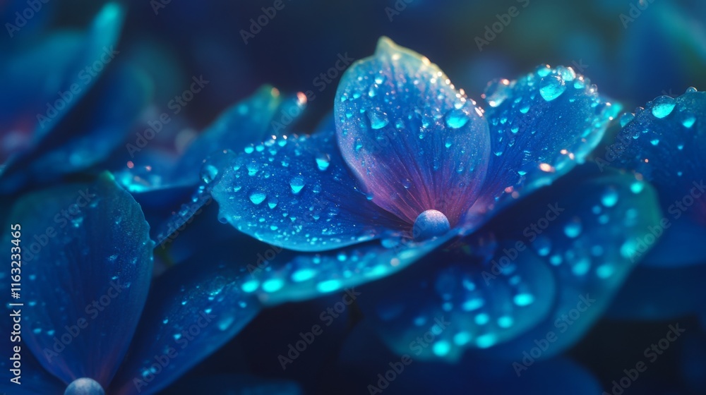 Poster a macro shot of a vibrant blue hydrangea with raindrops on its petals, creating a stunning visual ef