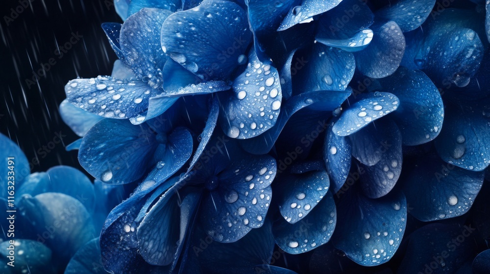 Poster a macro shot of a vibrant blue hydrangea with raindrops on its petals, creating a stunning visual ef