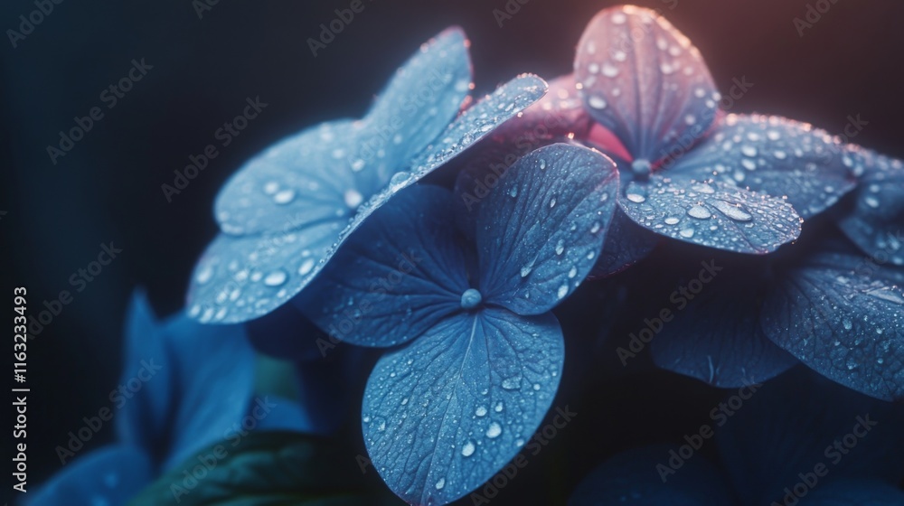 Poster a macro shot of a vibrant blue hydrangea with raindrops on its petals, creating a stunning visual ef